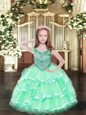 Latest Scoop Sleeveless Custom Made Floor Length Beading and Ruffled Layers Apple Green Organza