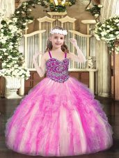 Rose Pink Organza Lace Up Little Girl Pageant Gowns Sleeveless Floor Length Beading and Ruffles
