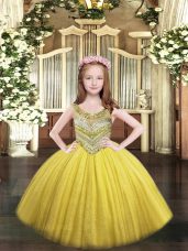 Gold Scoop Lace Up Beading Little Girls Pageant Gowns Sleeveless
