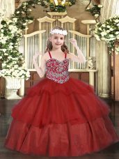 Dramatic Wine Red Ball Gowns Straps Sleeveless Organza Floor Length Lace Up Beading and Ruffled Layers Kids Formal Wear