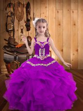 Purple Ball Gowns Embroidery and Ruffles Little Girls Pageant Dress Lace Up Organza Sleeveless Floor Length