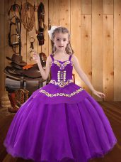 Customized Eggplant Purple Organza Lace Up Winning Pageant Gowns Sleeveless Floor Length Ruffles