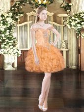 Orange Red Ball Gowns Off The Shoulder Sleeveless Organza Mini Length Lace Up Beading and Ruffles Evening Dress