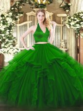Low Price Green 15 Quinceanera Dress Military Ball and Sweet 16 and Quinceanera with Ruffles Halter Top Sleeveless Zipper