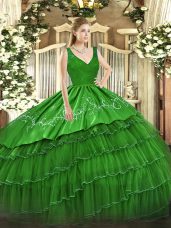 New Style Ball Gowns V-neck Sleeveless Satin and Tulle Floor Length Zipper Beading and Embroidery and Ruffled Layers 15th Birthday Dress