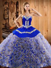 Ideal With Train Multi-color Quinceanera Gowns Satin and Fabric With Rolling Flowers Sweep Train Sleeveless Embroidery