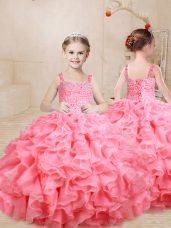 Watermelon Red Straps Lace Up Beading and Ruffles Little Girl Pageant Dress Sleeveless