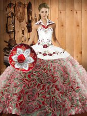 Glorious Multi-color Quince Ball Gowns Military Ball and Sweet 16 and Quinceanera with Embroidery Halter Top Sleeveless Sweep Train Lace Up