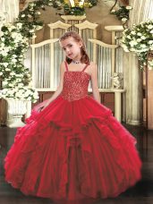 Sleeveless Floor Length Beading and Ruffles Lace Up Little Girl Pageant Dress with Red
