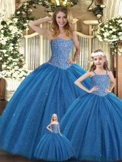 Colorful Teal Tulle Lace Up Sweetheart Sleeveless Floor Length Ball Gown Prom Dress Beading