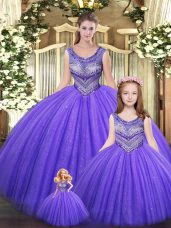 Fine Sleeveless Floor Length Beading Lace Up Ball Gown Prom Dress with Eggplant Purple