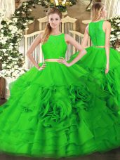 Green Zipper Scoop Ruffles Ball Gown Prom Dress Tulle Sleeveless