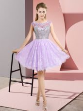 Lavender Cap Sleeves Mini Length Beading Backless Evening Dress