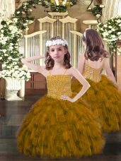 Superior Ball Gowns Party Dress for Toddlers Brown Spaghetti Straps Organza Sleeveless Floor Length Lace Up