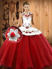 Ideal Wine Red Ball Gowns Satin and Tulle Halter Top Sleeveless Embroidery Floor Length Lace Up Sweet 16 Dresses