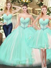 Floor Length Lace Up 15 Quinceanera Dress Apple Green for Military Ball and Sweet 16 and Quinceanera with Beading and Ruffles