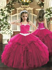 Hot Pink Lace Up Straps Appliques and Ruffles Pageant Dress Wholesale Tulle Sleeveless