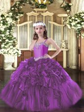 Fuchsia Ball Gowns Straps Sleeveless Organza Floor Length Lace Up Beading and Ruffles Pageant Gowns For Girls