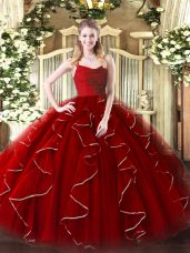 Sexy Sleeveless Floor Length Ruffles Zipper Ball Gown Prom Dress with Wine Red