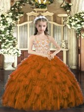 Brown Ball Gowns Straps Sleeveless Organza Floor Length Lace Up Beading and Ruffles Little Girls Pageant Dress