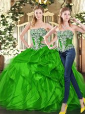 Sleeveless Organza Floor Length Lace Up Sweet 16 Dress in Green with Beading and Ruffles