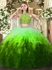 Fancy Multi-color Tulle Zipper High-neck Sleeveless Floor Length Sweet 16 Dress Beading and Ruffles