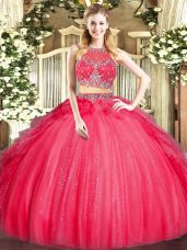 Suitable Red Tulle Zipper Scoop Sleeveless Floor Length 15 Quinceanera Dress Beading and Ruffles
