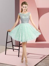 Sophisticated Apple Green Backless Homecoming Dress Beading Cap Sleeves Mini Length