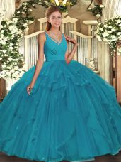 Inexpensive Teal Sleeveless Beading Floor Length Quinceanera Gown
