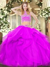 Modern Floor Length Purple Sweet 16 Quinceanera Dress High-neck Sleeveless Backless