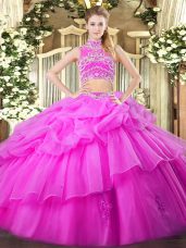 Sleeveless Tulle Floor Length Backless Sweet 16 Dress in Lilac with Beading and Ruffles and Pick Ups