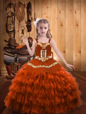 Perfect Rust Red Straps Neckline Embroidery and Ruffled Layers Girls Pageant Dresses Sleeveless Lace Up