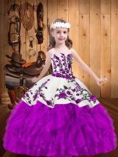 Superior Organza Straps Sleeveless Lace Up Beading and Embroidery Teens Party Dress in Purple