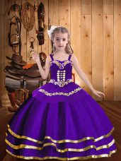 Trendy Sleeveless Organza Floor Length Lace Up Kids Pageant Dress in Purple with Embroidery and Ruffled Layers
