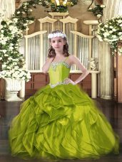 Ball Gowns Little Girls Pageant Gowns Olive Green Straps Organza Sleeveless Floor Length Lace Up
