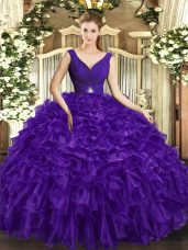 V-neck Sleeveless Organza Sweet 16 Dresses Beading and Ruffles Backless