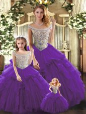 Floor Length Purple Vestidos de Quinceanera Tulle Sleeveless Beading and Ruffles