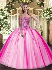 Luxurious Hot Pink Ball Gowns Tulle Sweetheart Sleeveless Beading Floor Length Lace Up Quinceanera Gowns