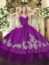 New Style Fuchsia Ball Gowns Taffeta V-neck Sleeveless Beading and Lace and Appliques Floor Length Backless 15 Quinceanera Dress