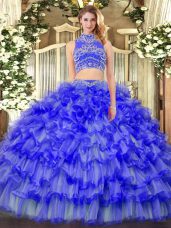Blue Backless Quinceanera Gowns Beading and Ruffled Layers Sleeveless Floor Length