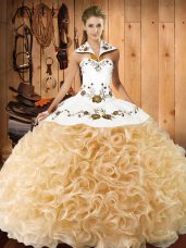 Exquisite Champagne Ball Gowns Fabric With Rolling Flowers Halter Top Sleeveless Embroidery Floor Length Lace Up Vestidos de Quinceanera