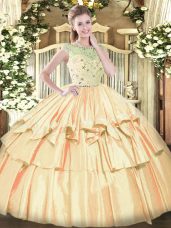 Glorious Champagne Tulle Zipper Bateau Sleeveless Floor Length Ball Gown Prom Dress Beading and Ruffled Layers