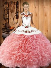 Cute Watermelon Red Sleeveless Floor Length Embroidery Lace Up Quince Ball Gowns