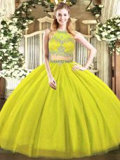 Stylish Scoop Sleeveless 15 Quinceanera Dress Floor Length Beading Olive Green Tulle