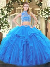 Amazing High-neck Sleeveless Quinceanera Dresses Floor Length Beading and Ruffles Baby Blue Tulle