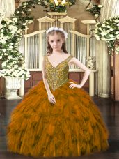 Floor Length Lace Up Pageant Gowns For Girls Brown for Party and Quinceanera with Beading and Ruffles