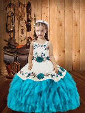 Baby Blue Sleeveless Organza Lace Up Little Girls Pageant Gowns for Sweet 16 and Quinceanera