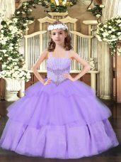 Super Floor Length Lavender Little Girl Pageant Dress Organza Sleeveless Beading and Ruffled Layers