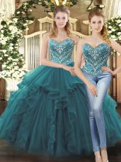 Teal Ball Gowns Sweetheart Sleeveless Tulle Floor Length Lace Up Beading and Ruffles Ball Gown Prom Dress