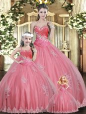 Enchanting Sweetheart Sleeveless Quince Ball Gowns Floor Length Beading Watermelon Red Tulle
